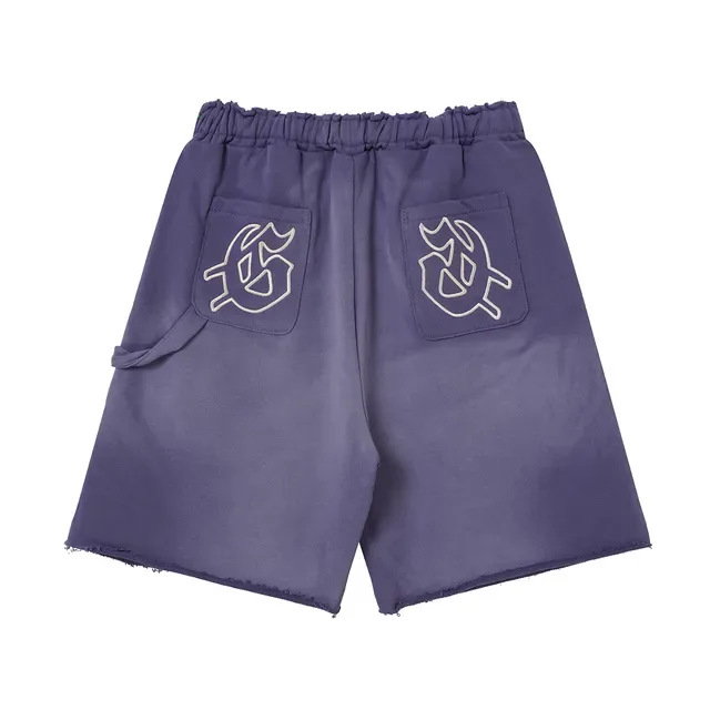 Purple Blue Elastic Waist Patch Pockets Shorts 6