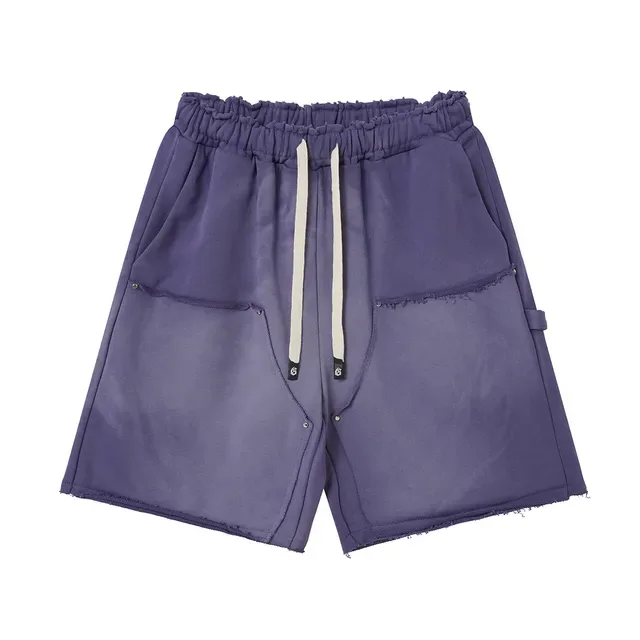 Purple Blue Elastic Waist Patch Pockets Shorts 7