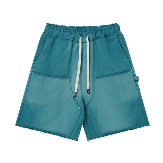 Purple Blue Elastic Waist Patch Pockets Shorts 10