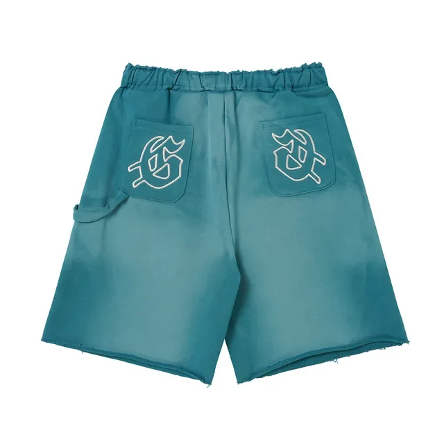 Purple Blue Elastic Waist Patch Pockets Shorts 11