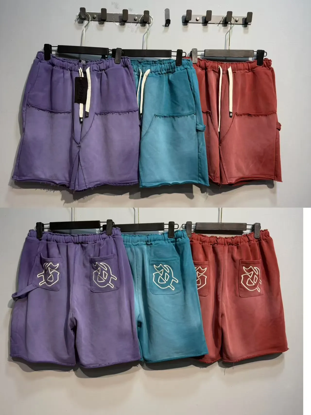 Purple Blue Elastic Waist Patch Pockets Shorts 12