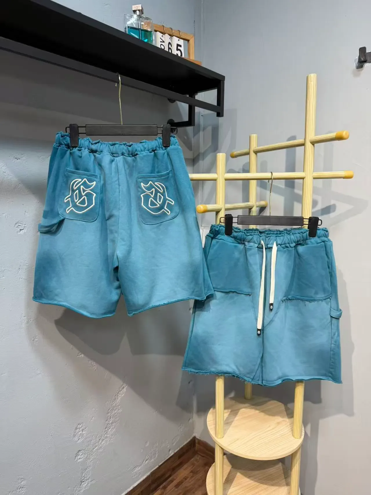 Purple Blue Elastic Waist Patch Pockets Shorts 13