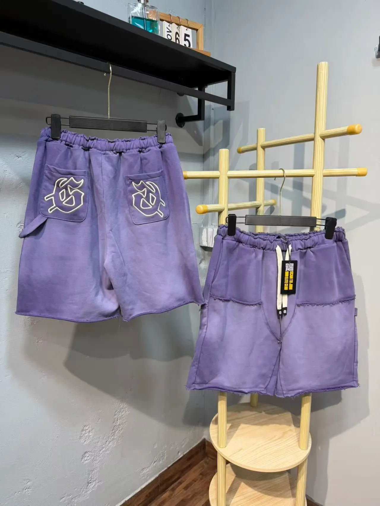 Purple Blue Elastic Waist Patch Pockets Shorts 15