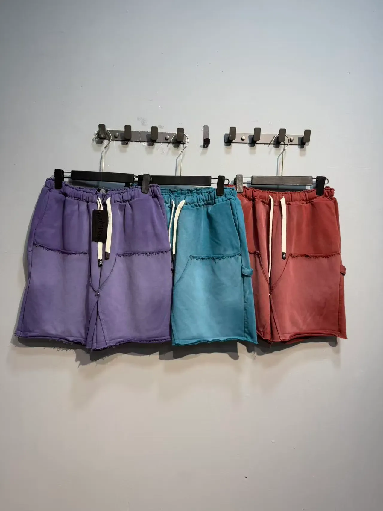 Purple Blue Elastic Waist Patch Pockets Shorts 16