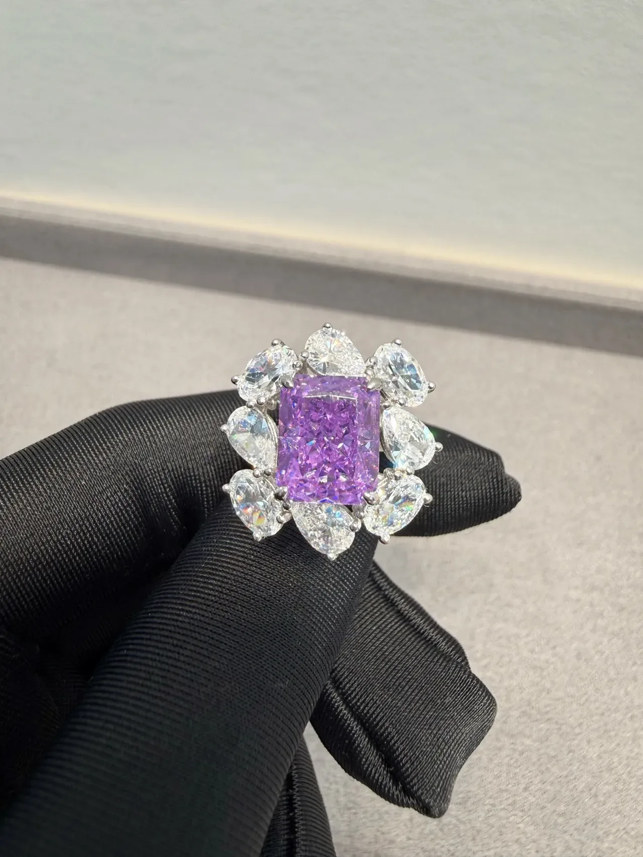 Purple Square-Cut Gemstone Halo Cluster Ring 5