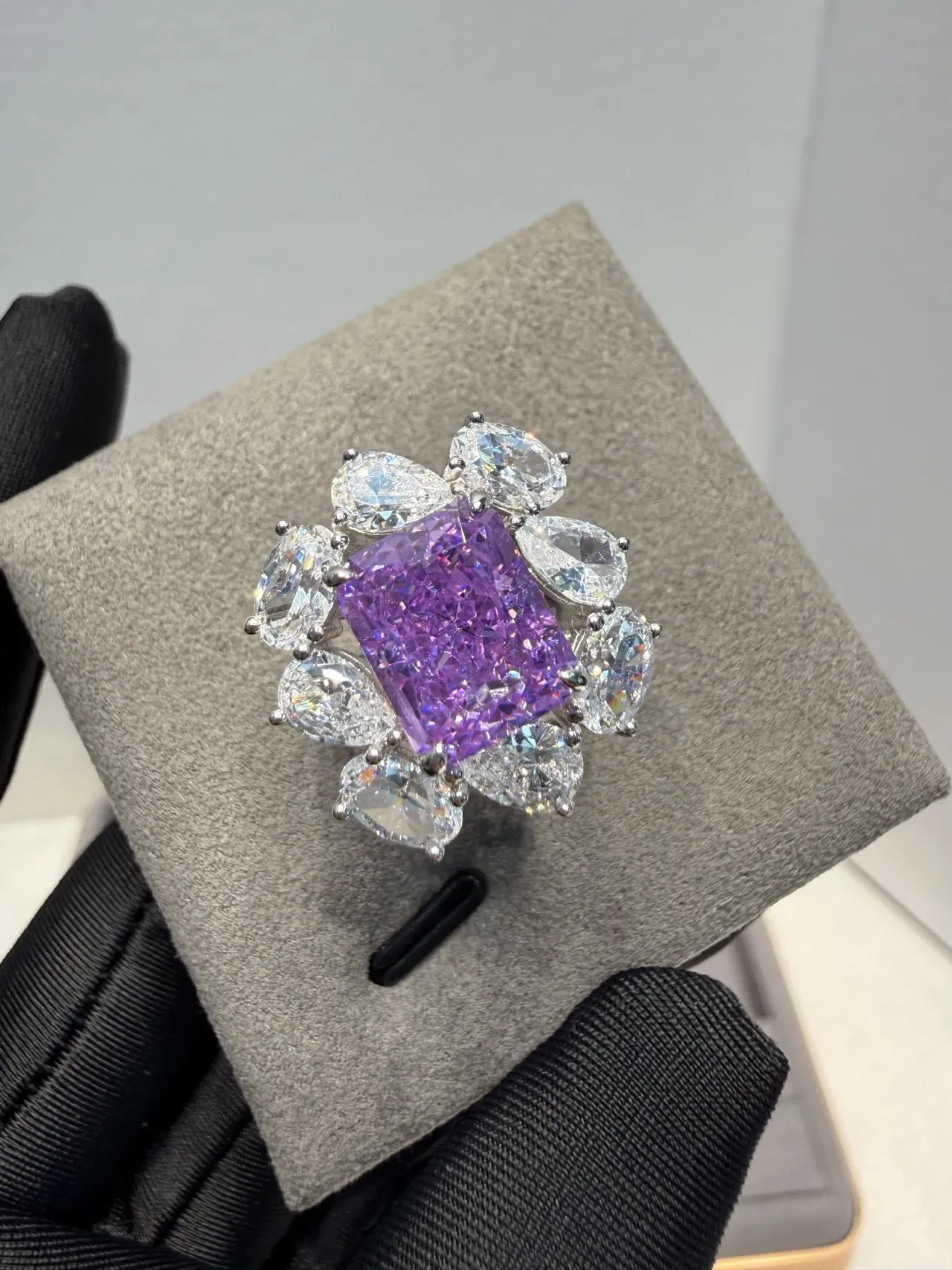 Purple Square-Cut Gemstone Halo Cluster Ring 8