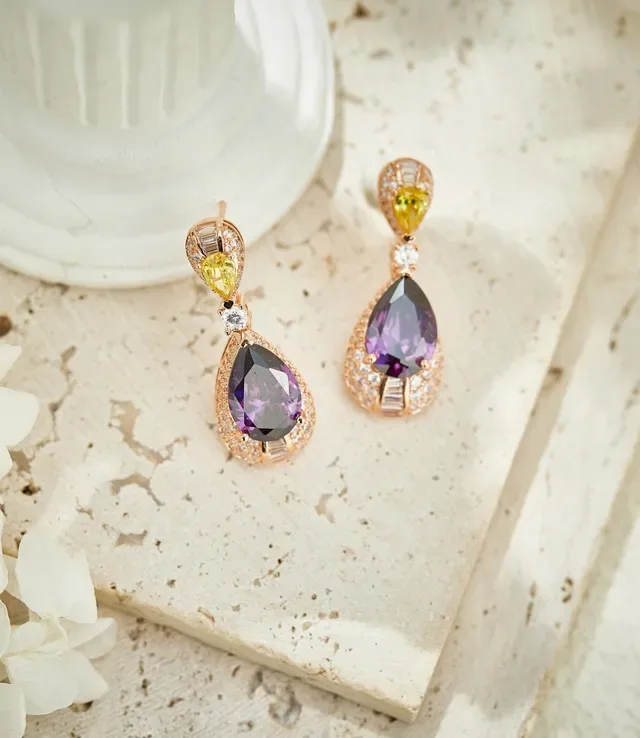 Purple Yellow Pear-Cut Drop Multi-Stone Design Earrings 2
