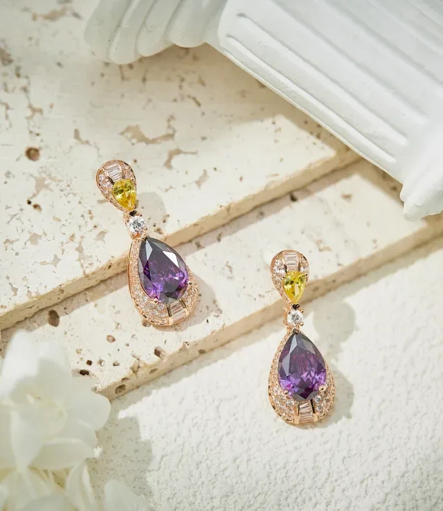Purple Yellow Pear-Cut Drop Multi-Stone Design Earrings 3