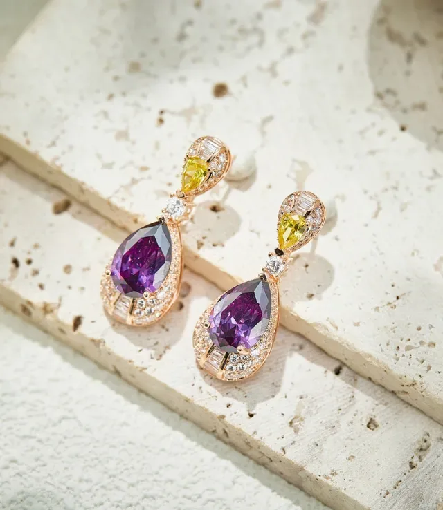 Purple Yellow Pear-Cut Drop Multi-Stone Design Earrings 4
