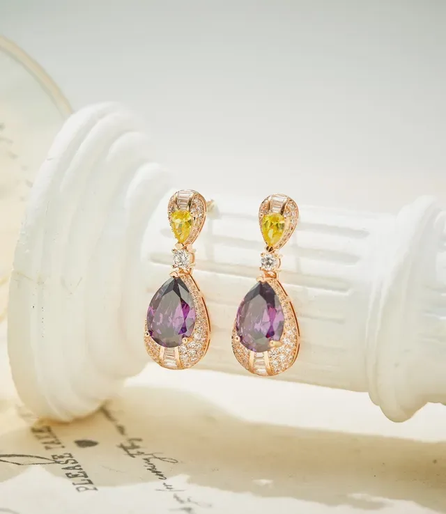 Purple Yellow Pear-Cut Drop Multi-Stone Design Earrings 6