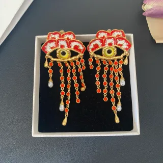 Red and Gold Enamel Eye Motif Crystal Tassel Earrings