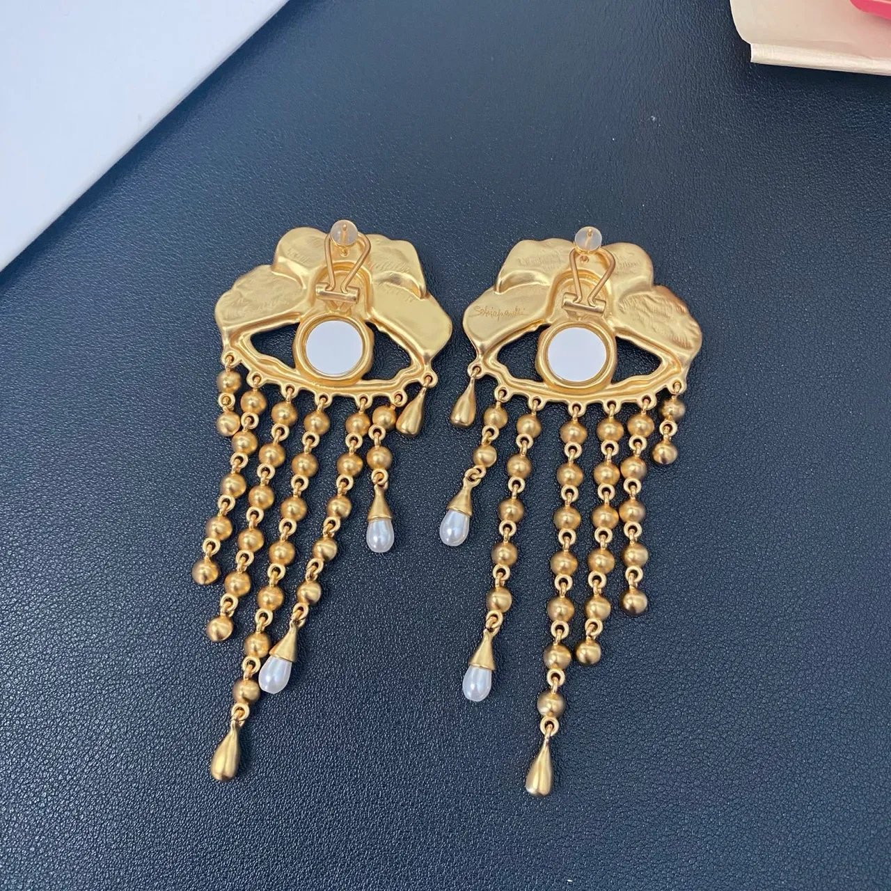 Red and Gold Enamel Eye Motif Crystal Tassel Earrings 2