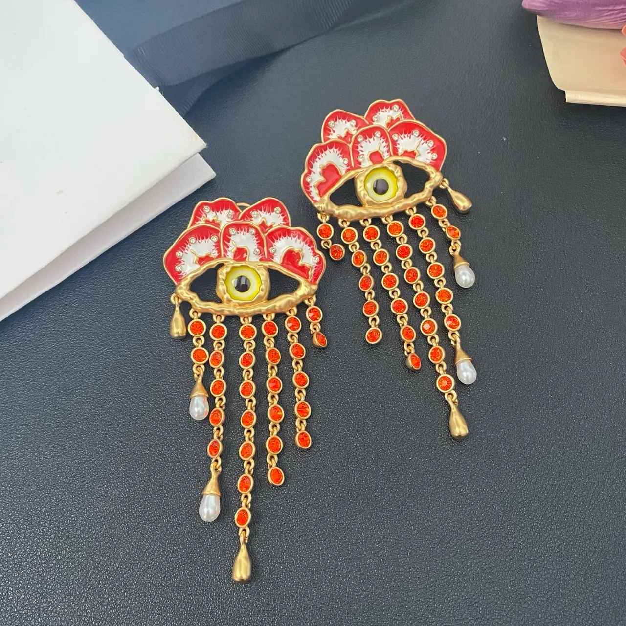 Red and Gold Enamel Eye Motif Crystal Tassel Earrings 3