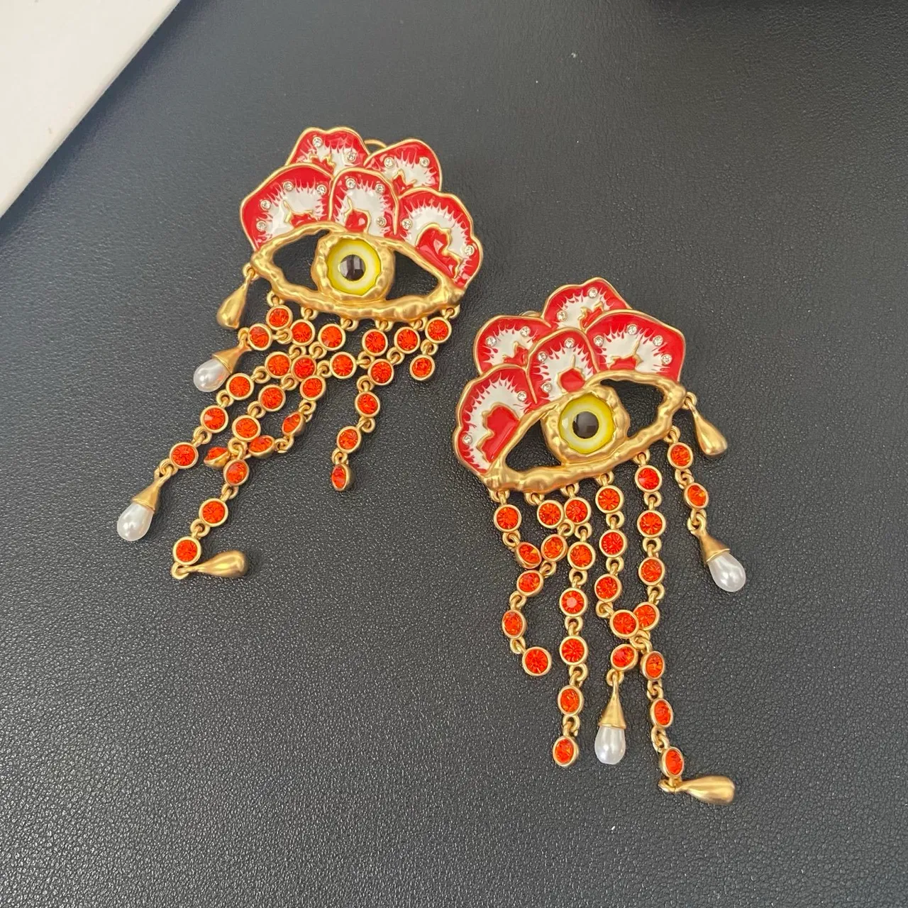 Red and Gold Enamel Eye Motif Crystal Tassel Earrings 4