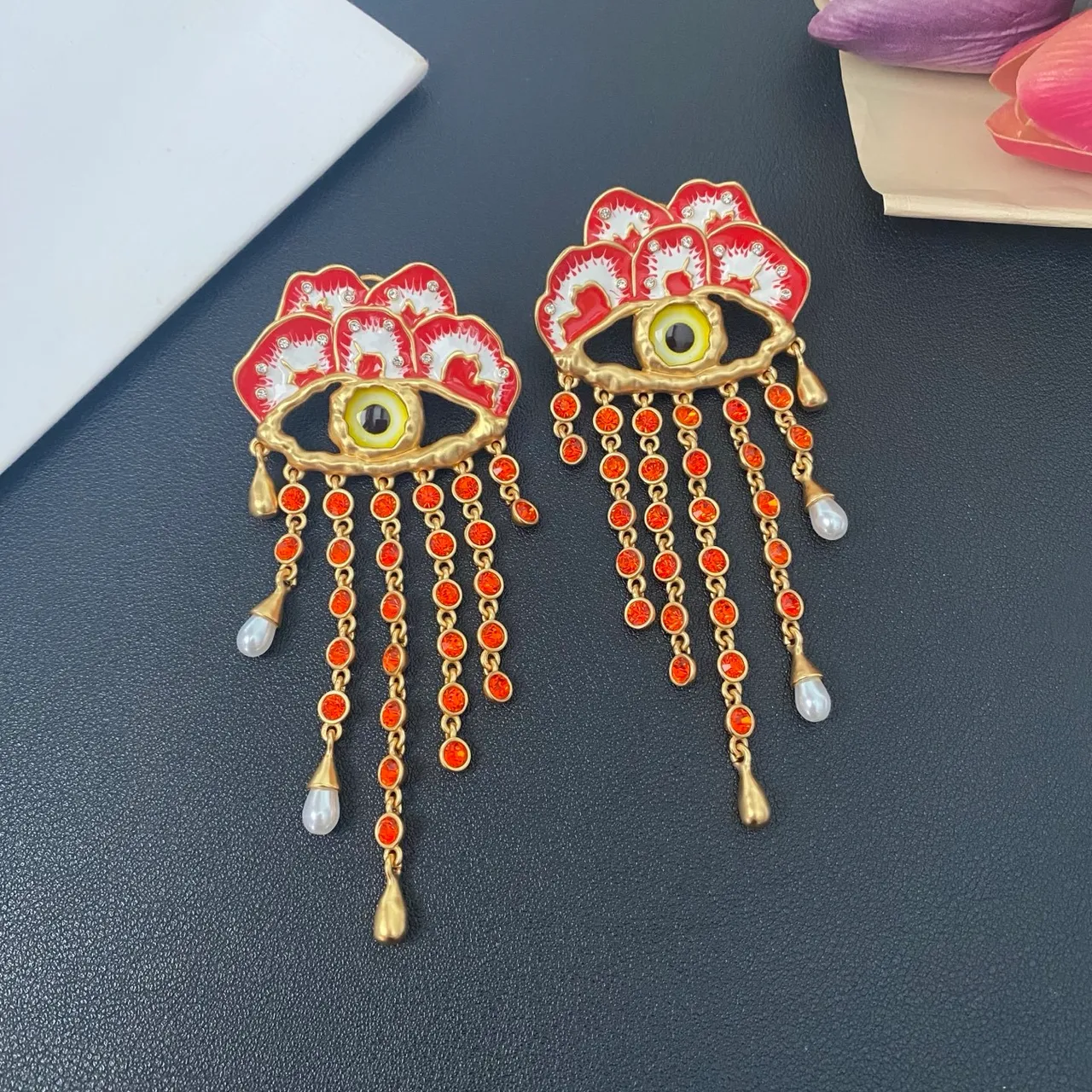Red and Gold Enamel Eye Motif Crystal Tassel Earrings 5