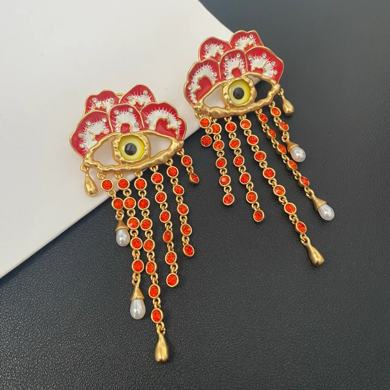 Red and Gold Enamel Eye Motif Crystal Tassel Earrings 6