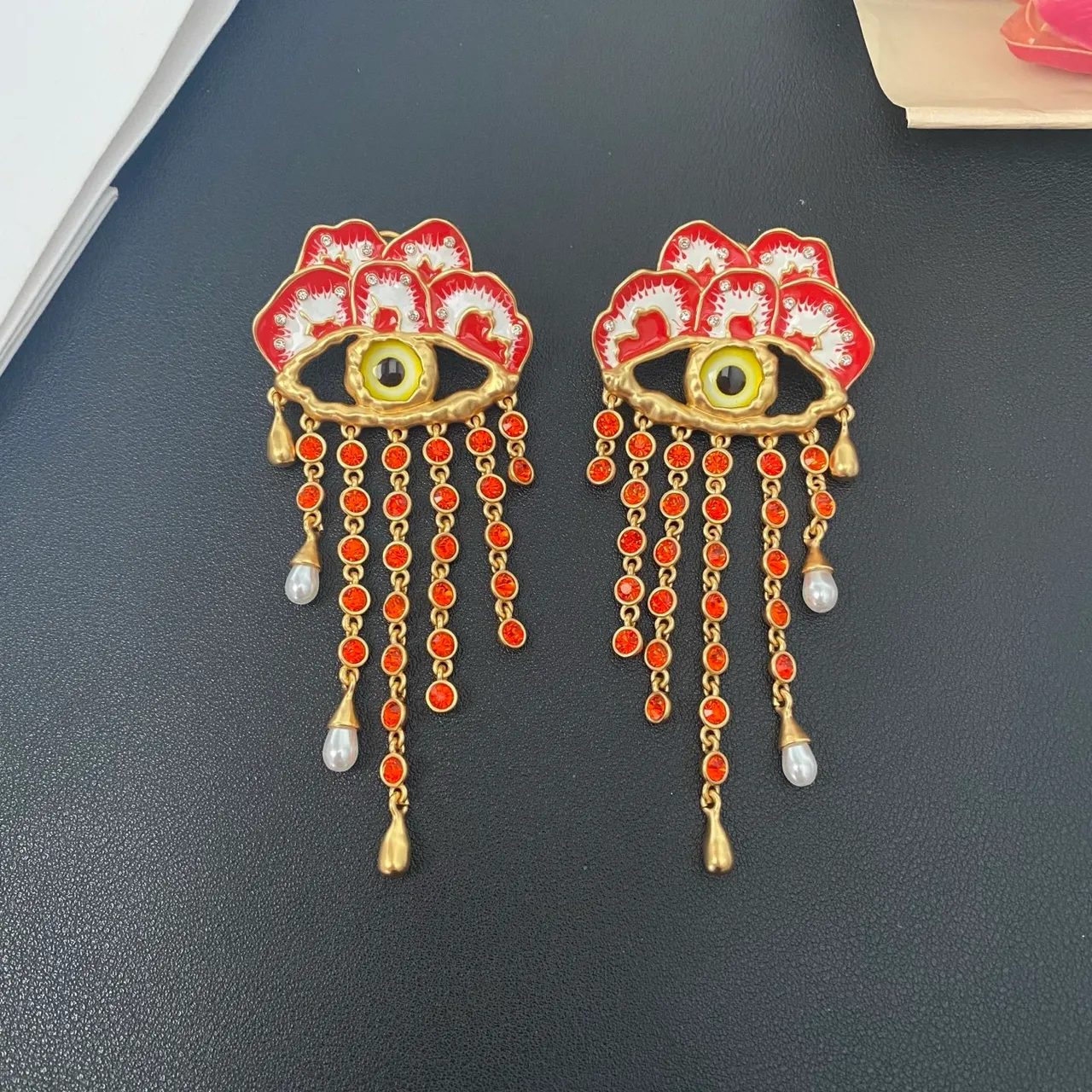 Red and Gold Enamel Eye Motif Crystal Tassel Earrings 7