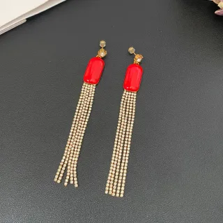 Red Cabochon Crystal Tassel Earrings