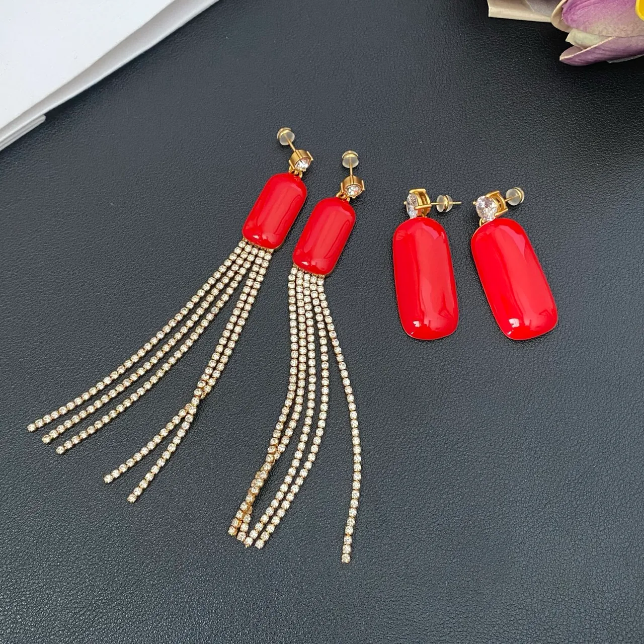 Red Cabochon Crystal Tassel Earrings 4