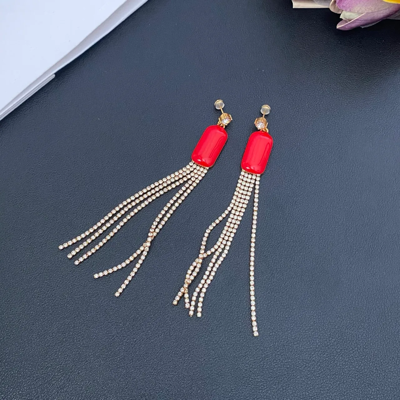 Red Cabochon Crystal Tassel Earrings 5