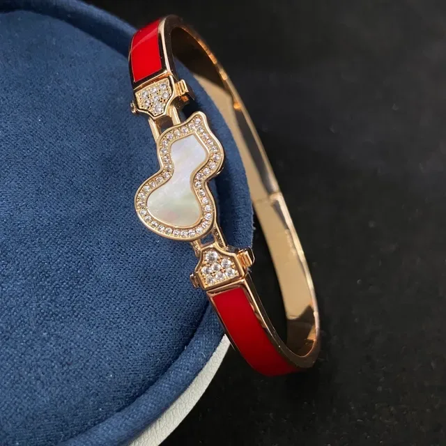 Red Gold Hinged Bangle Enamel-Inlay Bracelet 5