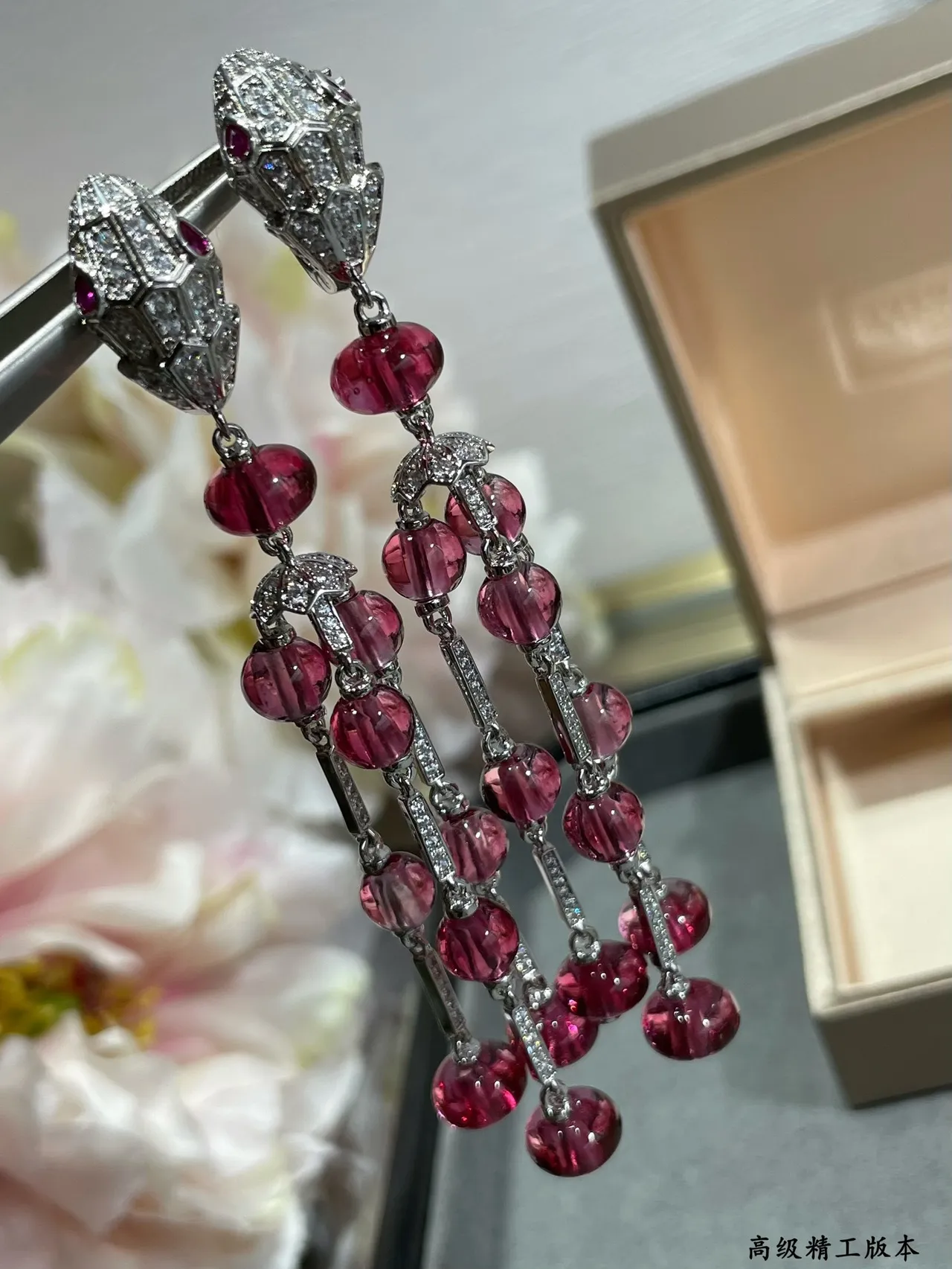 Red Silver Chandelier Multi-Tier Earrings 4