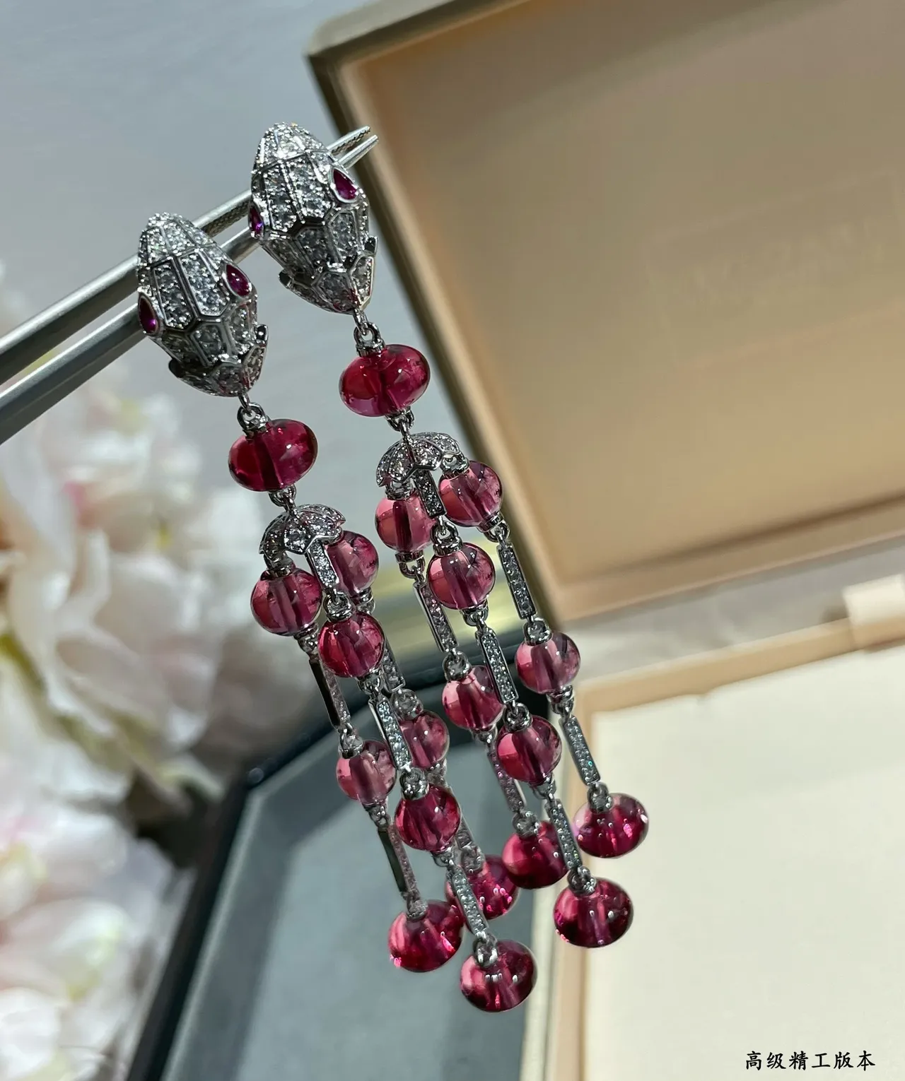 Red Silver Chandelier Multi-Tier Earrings 7