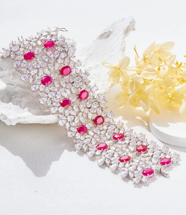 Red Silver Floral Motif Multi-Row Cascade Bracelet 2