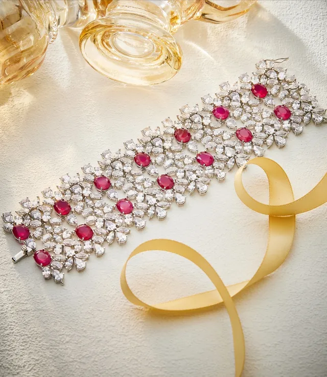 Red Silver Floral Motif Multi-Row Cascade Bracelet 4
