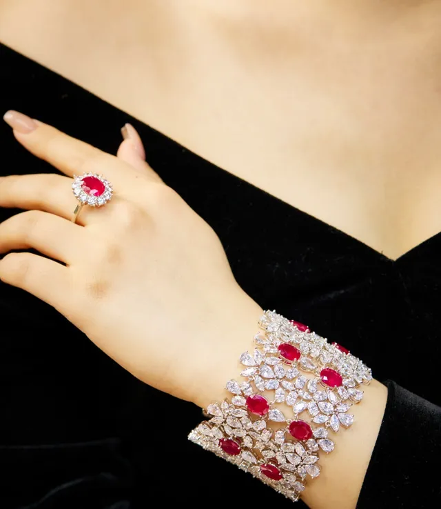 Red Silver Floral Motif Multi-Row Cascade Bracelet 6
