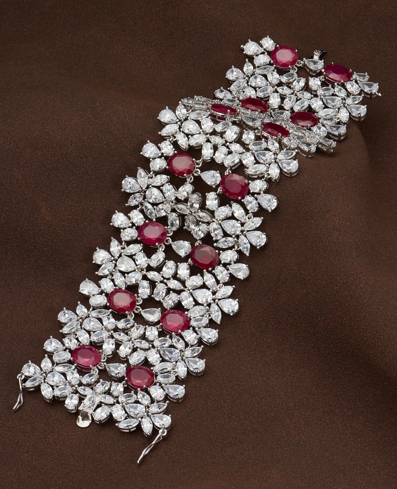 Red Silver Floral Motif Multi-Row Cascade Bracelet 7
