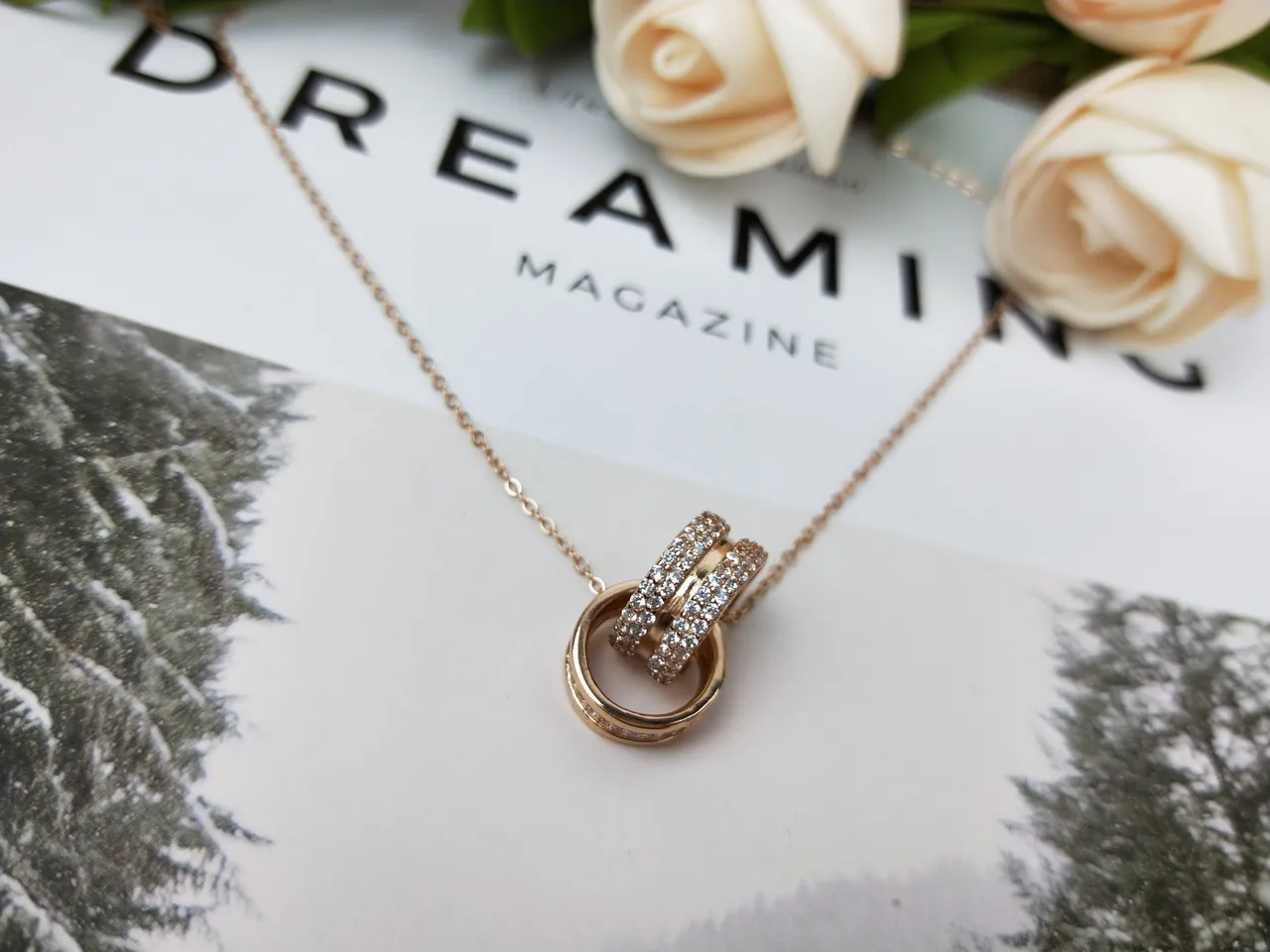 Rose Gold Pavé Interlocking Rings Necklace 2