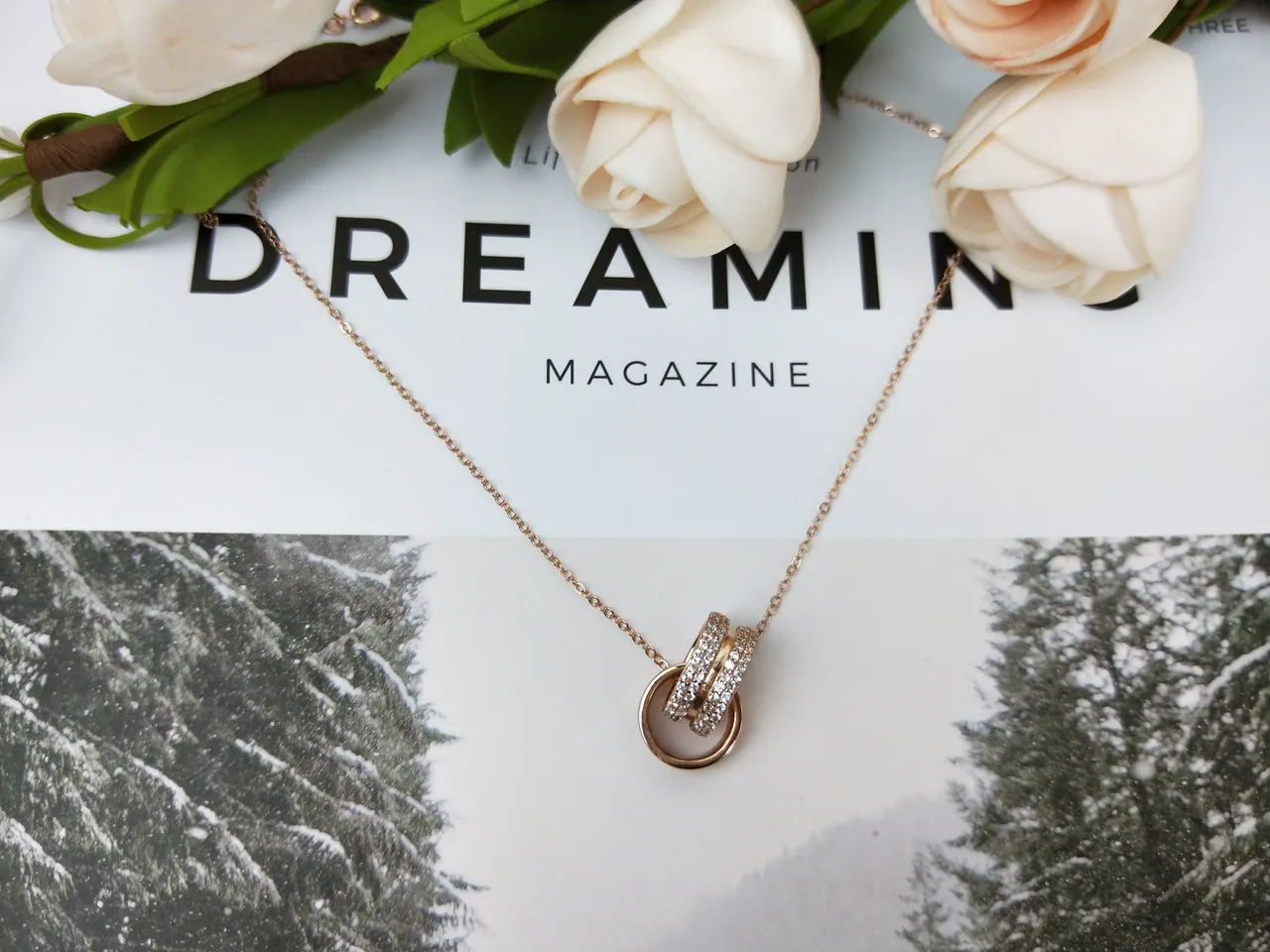 Rose Gold Pavé Interlocking Rings Necklace 3