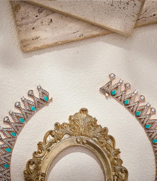 Rose Gold-Tone Turquoise and Pavé Gemstone Geometric Collar Necklace 2