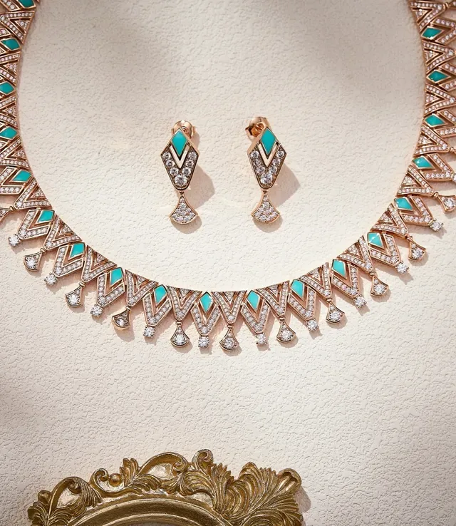 Rose Gold-Tone Turquoise and Pavé Gemstone Geometric Collar Necklace 3