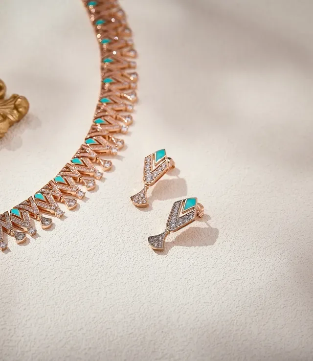 Rose Gold-Tone Turquoise and Pavé Gemstone Geometric Collar Necklace 4