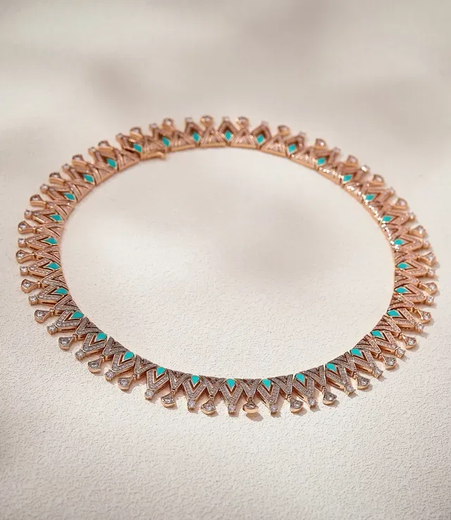 Rose Gold-Tone Turquoise and Pavé Gemstone Geometric Collar Necklace 5