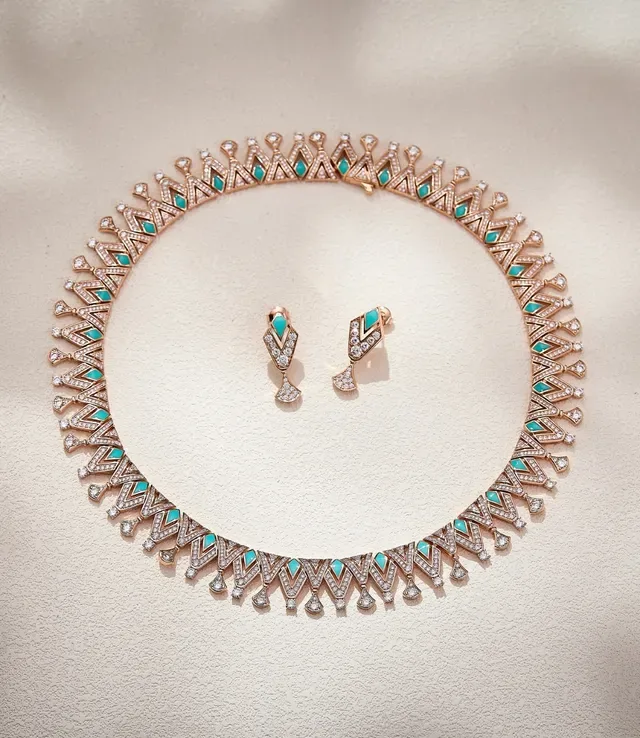 Rose Gold-Tone Turquoise and Pavé Gemstone Geometric Collar Necklace 6