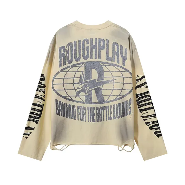 Rough RoughPlay Graphic Print Beige Oversized Distressed T-Shirt 2