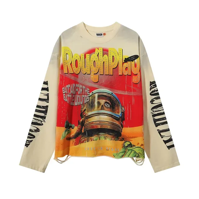 Rough RoughPlay Graphic Print Beige Oversized Distressed T-Shirt 3