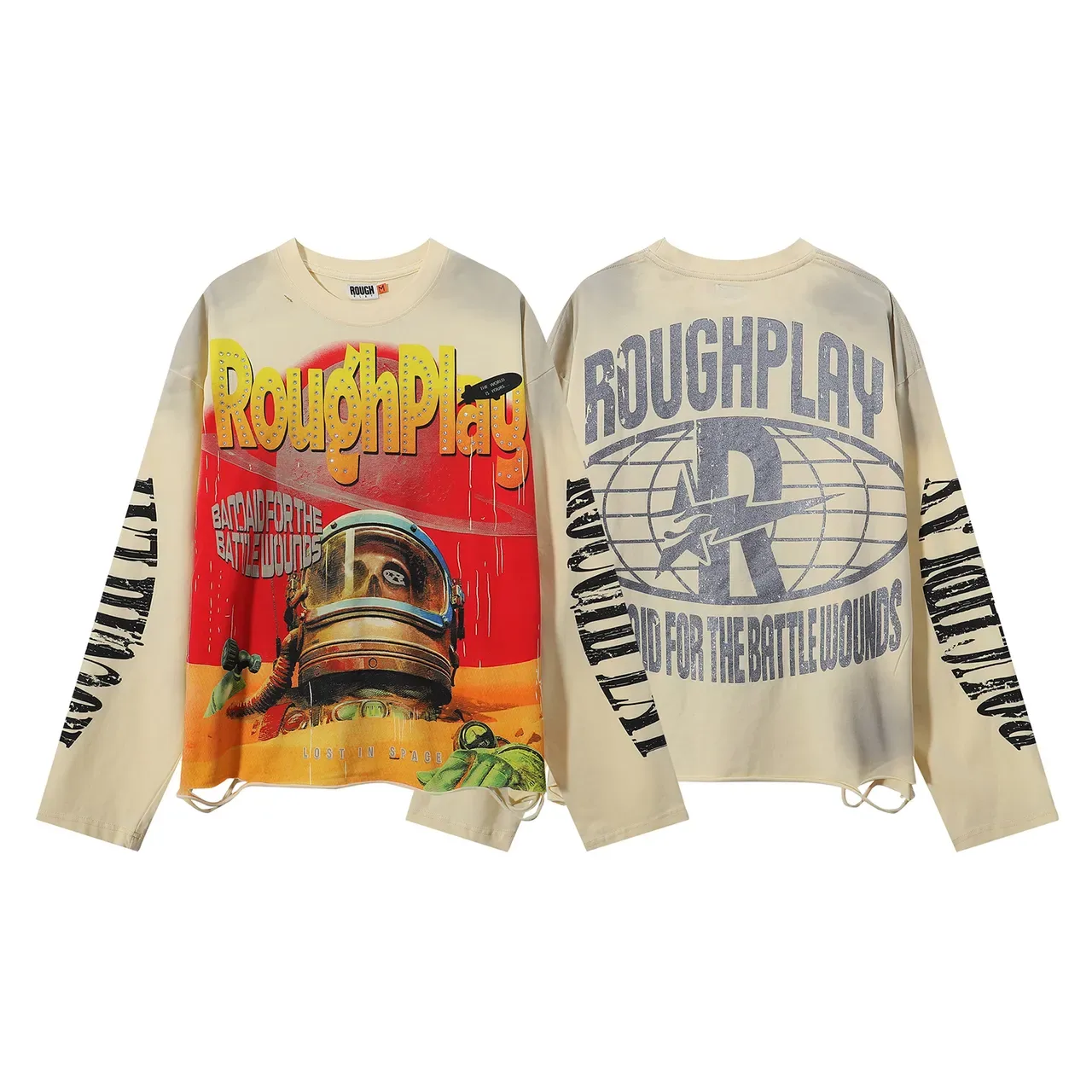 Rough RoughPlay Graphic Print Beige Oversized Distressed T-Shirt 4