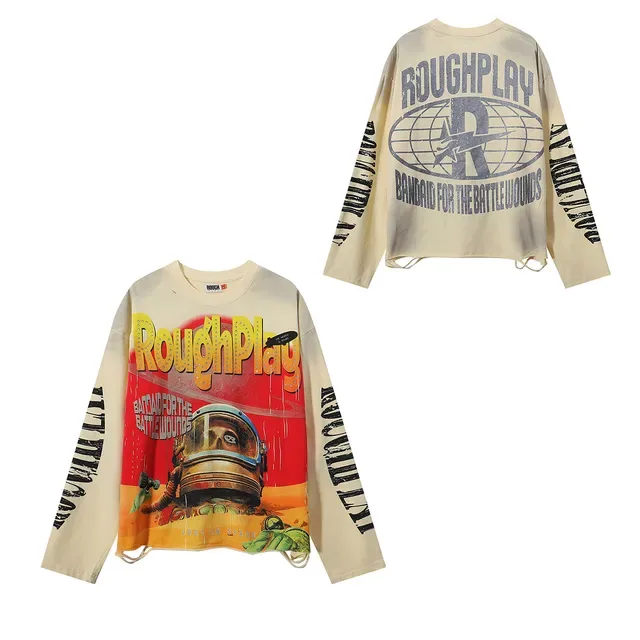 Rough RoughPlay Graphic Print Beige Oversized Distressed T-Shirt 5