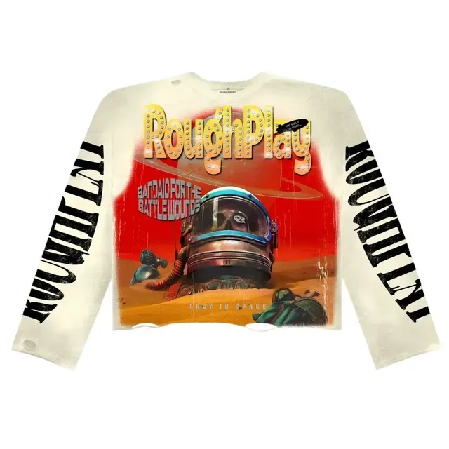 Rough RoughPlay Graphic Print Beige Oversized Distressed T-Shirt 8