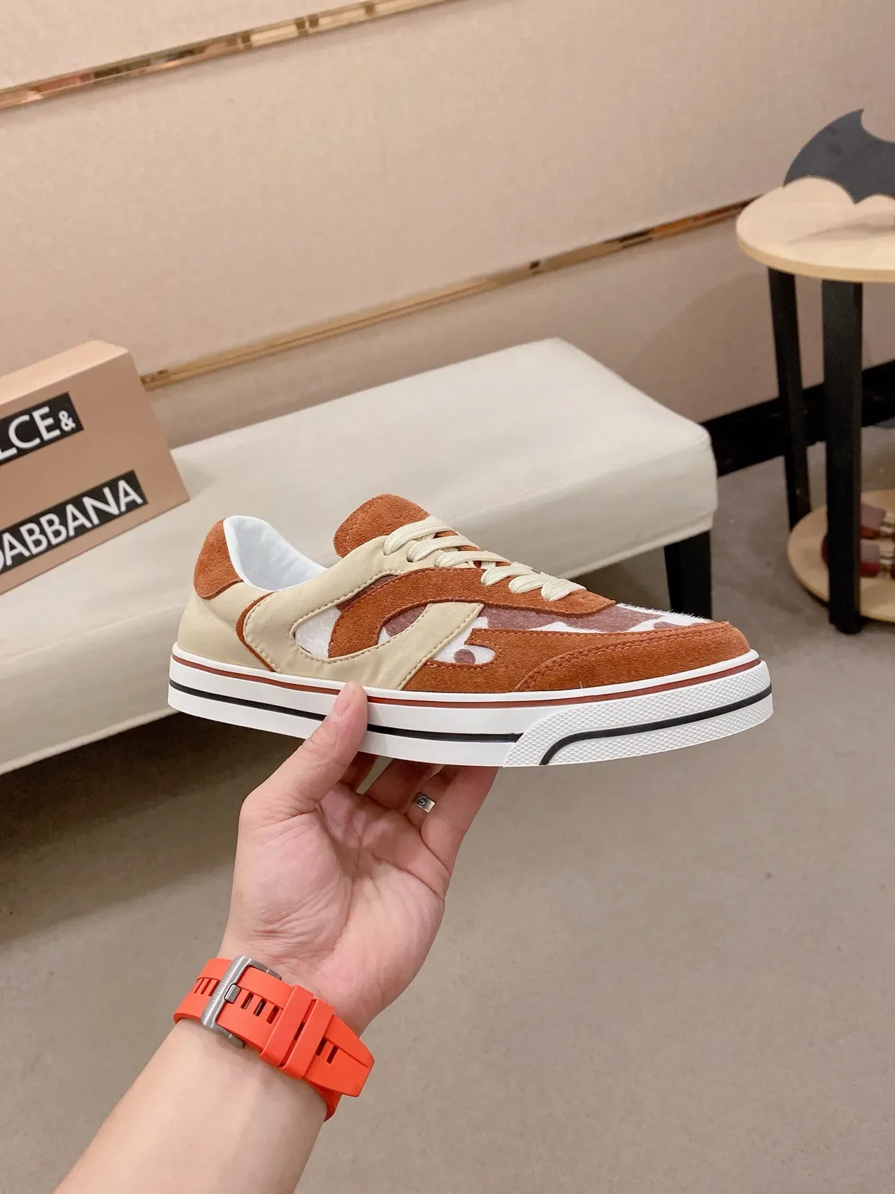 Rust and Cream Layered Suede Cow-Print Lifestyle Sneaker 5