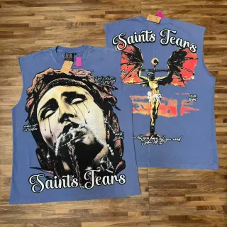 Saints Tears طباعة جرافيكية أزرق غباري توب بدون أكمام