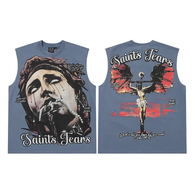 Saints Tears طباعة جرافيكية أزرق غباري توب بدون أكمام 2