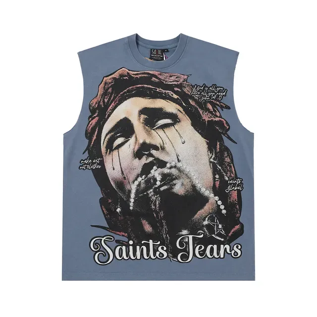 Saints Tears طباعة جرافيكية أزرق غباري توب بدون أكمام 3