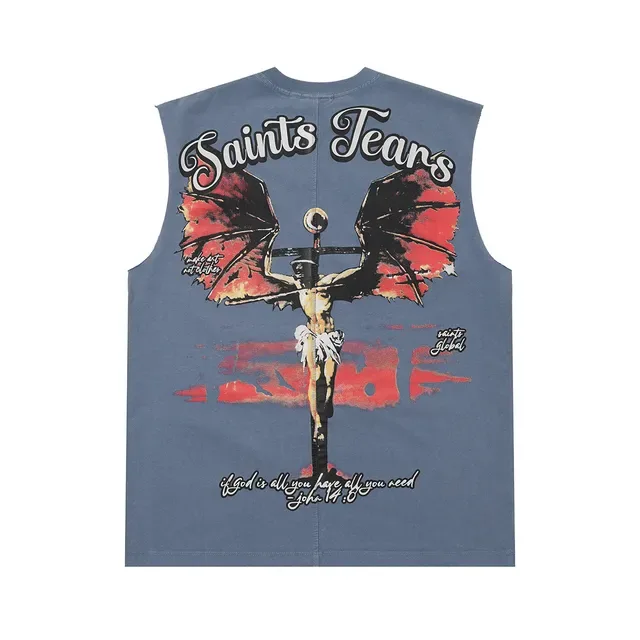 Saints Tears طباعة جرافيكية أزرق غباري توب بدون أكمام 4