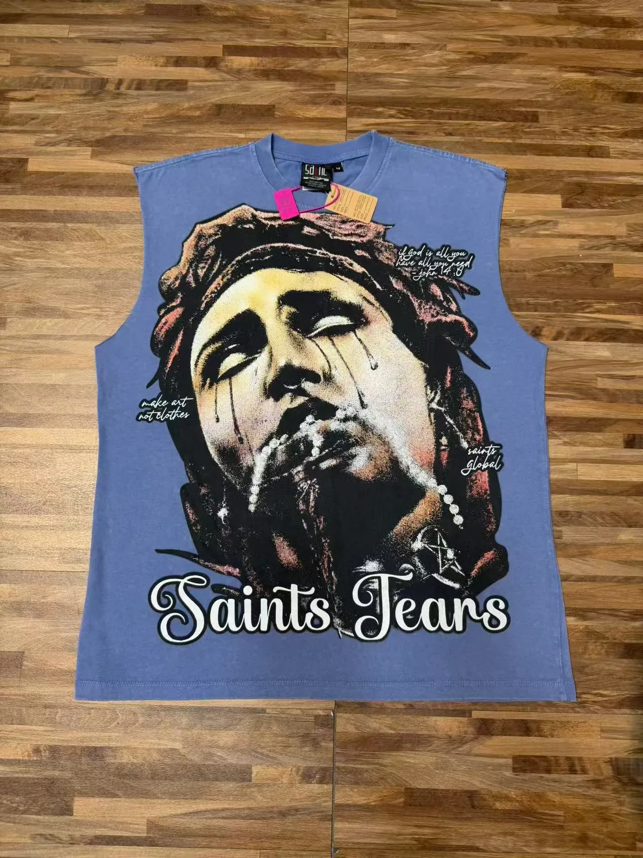 Saints Tears طباعة جرافيكية أزرق غباري توب بدون أكمام 5