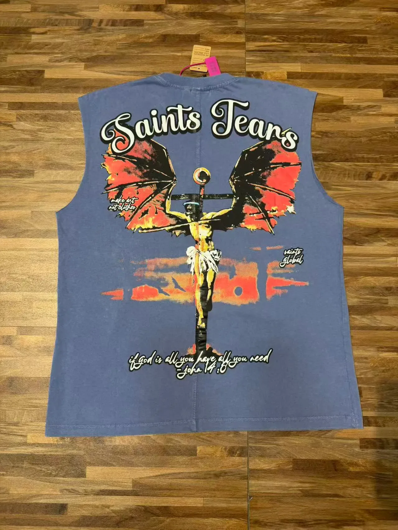 Saints Tears طباعة جرافيكية أزرق غباري توب بدون أكمام 6